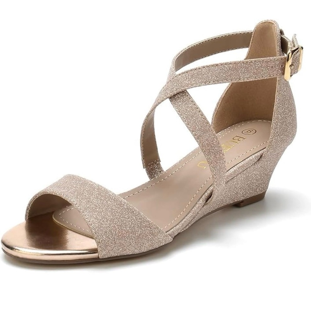 Women's Glitter Crisscross Ankle Strap Wedge Sandal - Rose Gold